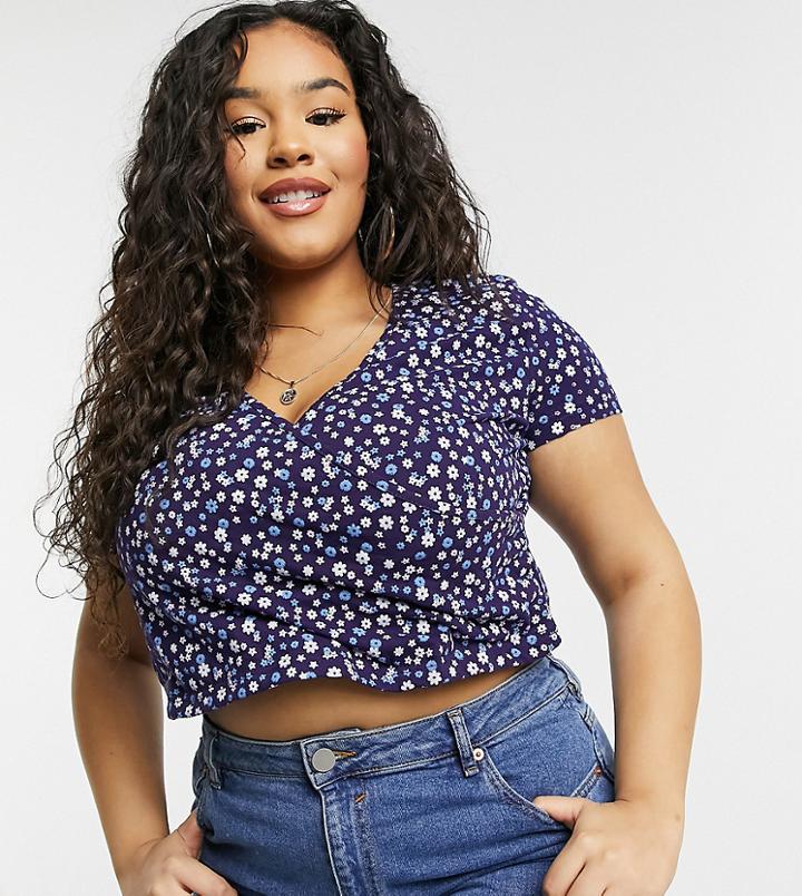 Daisy Street Plus Wrap Crop Top In Navy Floral - Part Of A Set