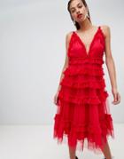 Asos Design Tiered Tulle Ruffle Midi Dress - Red