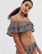 Prettylittlething Frill Detail Bardot Bikini Bottoms In Chocolate Polka Dot - Multi