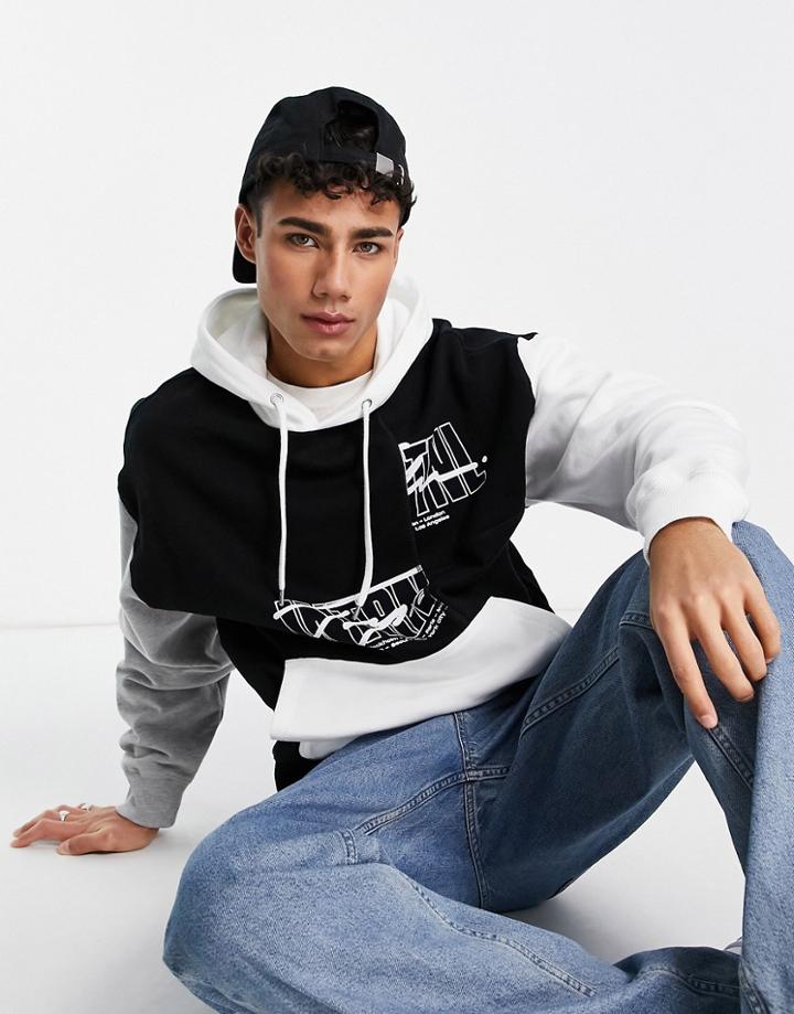 Topman Signature Spliced Logo Color Block Hoodie-black