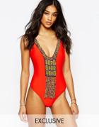 Wolf & Whistle Beaded Red Plunge Swimsuit B-f Cup - Red