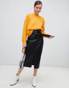 Monki Faux Leather Belted Midi Skirt In Black - Black