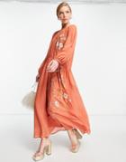 Asos Design Soft Maxi Dress With Placement Embroidery In Rust-red