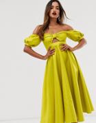 Asos Edition Midi Dress With Puff Sleeve And Cut Out-yellow