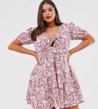 Asos Design Curve Tie Front Mini Tea Dress With Puff Sleeves In Vintage Floral - Multi