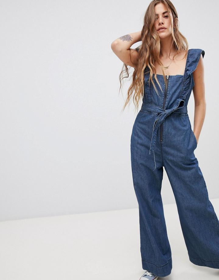 Free People Sun Valley Denim Tie Front Jumpsuit