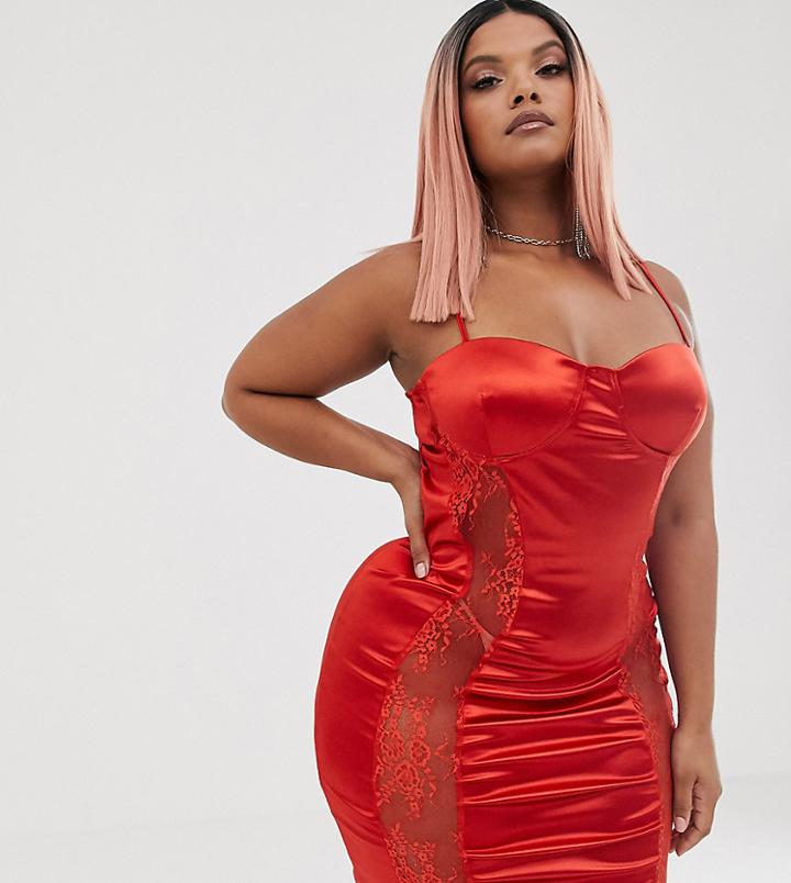 Katchme Plus Satin Mini Dress With Sheer Lace Panels In Rust - Red