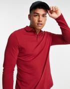Asos Design Long Sleeve Jersey Polo In Burgundy-red