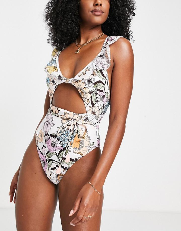 River Island Frill Detail Cut Out Floral Swimsuit In White