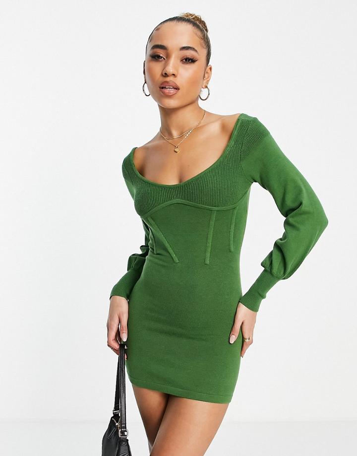 Ego X Jess Hunt Volume Sleeve Open Back Mini Dress In Olive-green