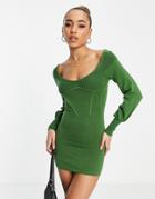 Ego X Jess Hunt Volume Sleeve Open Back Mini Dress In Olive-green