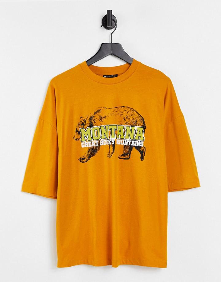 Asos Design Oversized T-shirt In Mustard With Mountain Bear Print-yellow
