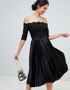 Chi Chi London Lace Top Midi Dress With Pleated Skirt In Black - Black