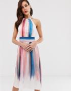 Little Mistress Ombre Stripe Pleated Printed Midi Dress - Multi