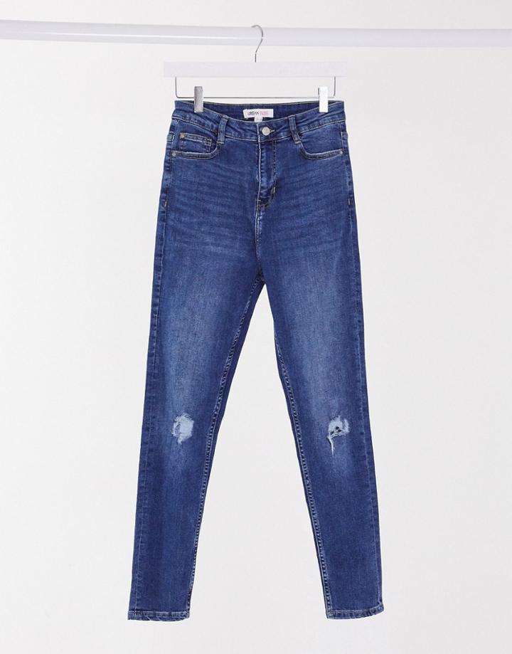 Urban Bliss High Waisted Skinny Jean With Knee Rips In Mid Wash-blue