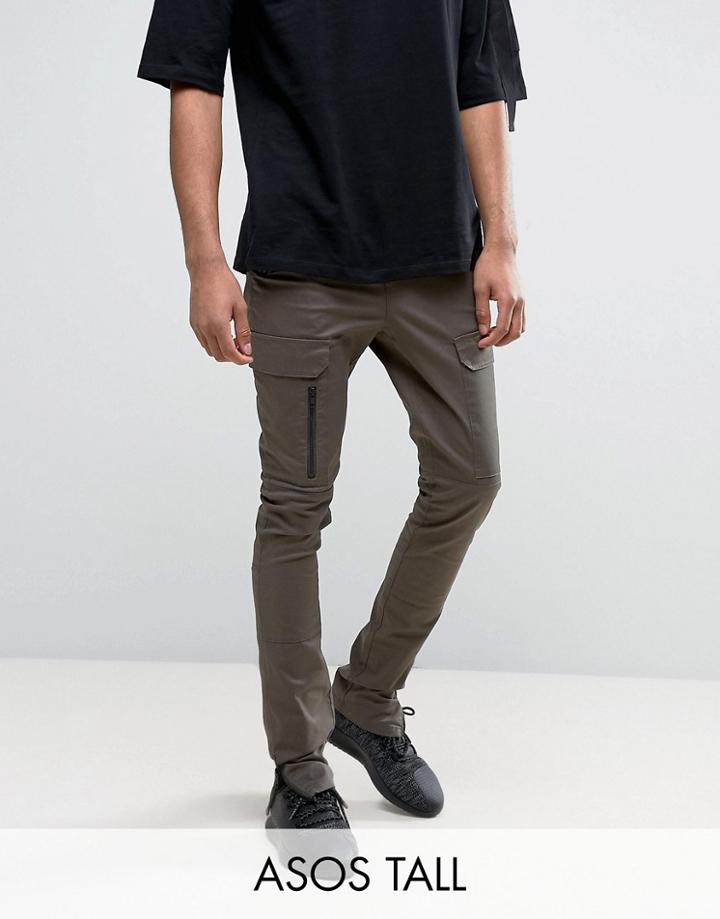Asos Tall Super Skinny Fit Pants With Zip Cargo Pockets In Khaki - Green