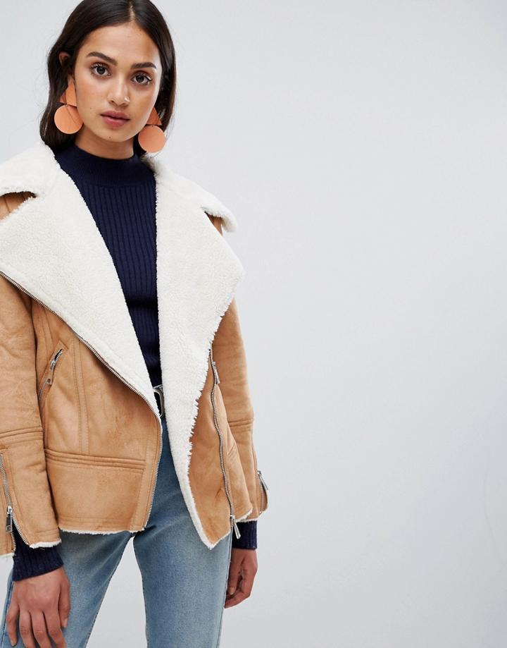 New Look Faux Sherling Biker Jacket-tan