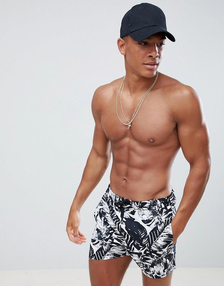 Boohooman Swim Shorts With Leaf Print In Black And White - White