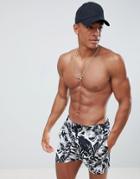 Boohooman Swim Shorts With Leaf Print In Black And White - White