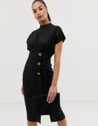 Asos Design Linen Midi Dress With High Neck And Tortoiseshell Buttons - Black