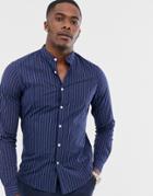 Asos Design Slim Fit Grandad Collar Shirt With Blue & White Stripe - Multi