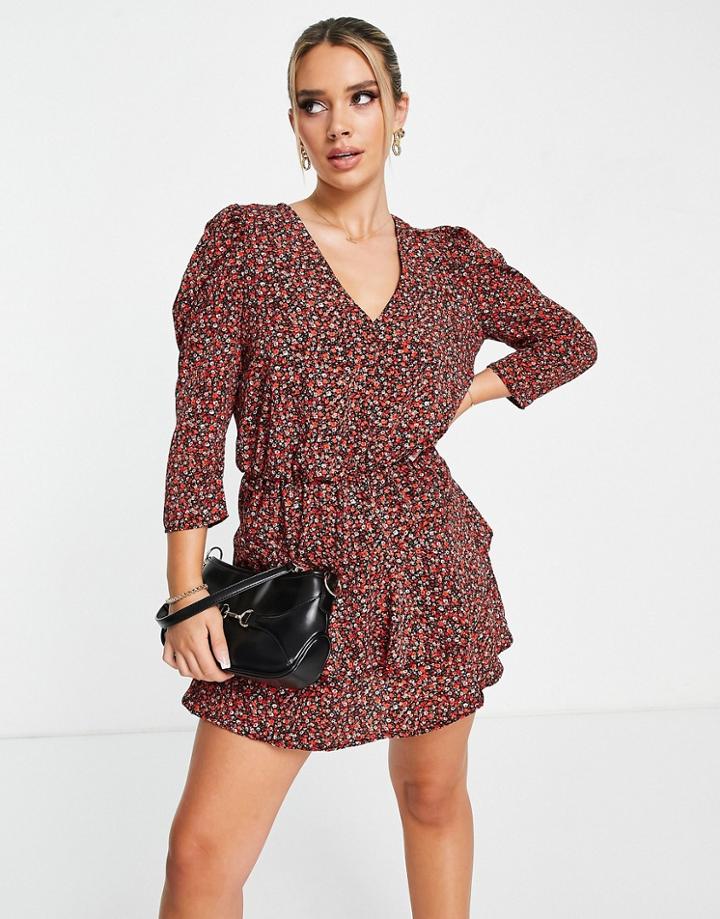 Ax Paris Mini Shirt Dress In Red Ditsy Floral