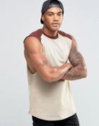 Asos Longline Sleeveless T-shirt With Contrast Raglan - Beige