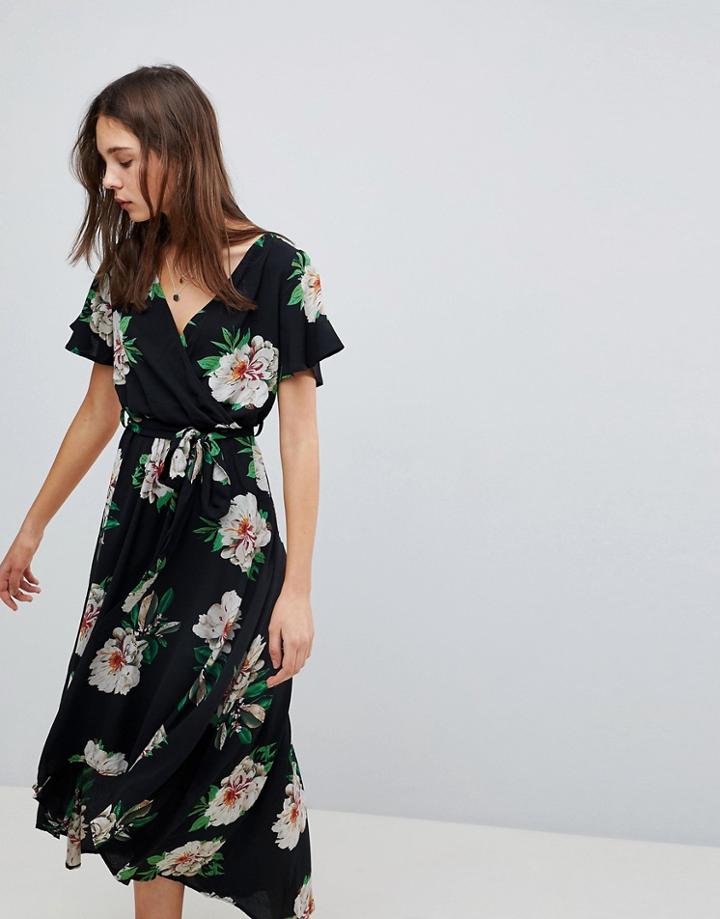 Brave Soul Lillian Printed Wrap Long Midi Dress - Black