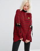 Lazy Oaf Long Sleeve Striped T-shirt With Tie Up Elbows And Tiny Unhappy Face - Red