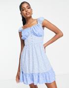 Influence Cap Sleeve Frill Detail Mini Dress In Mixed Blue Floral