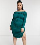 Asos Design Curve Off Shoulder Ruched Sleeve Midi Dress In Forest Green