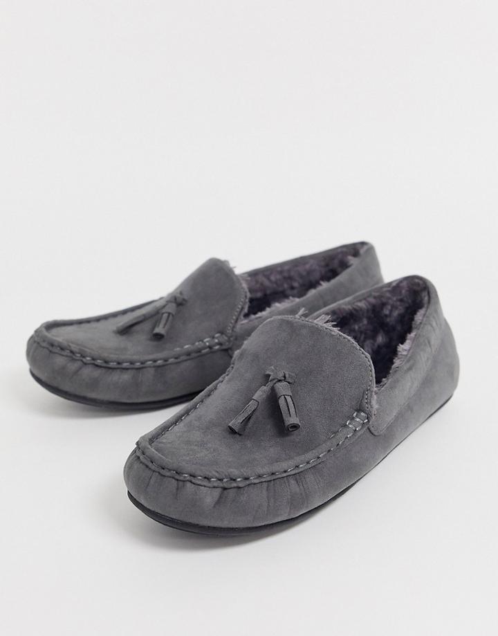 Asos Design Slippers In Gray With Faux Fur Lining