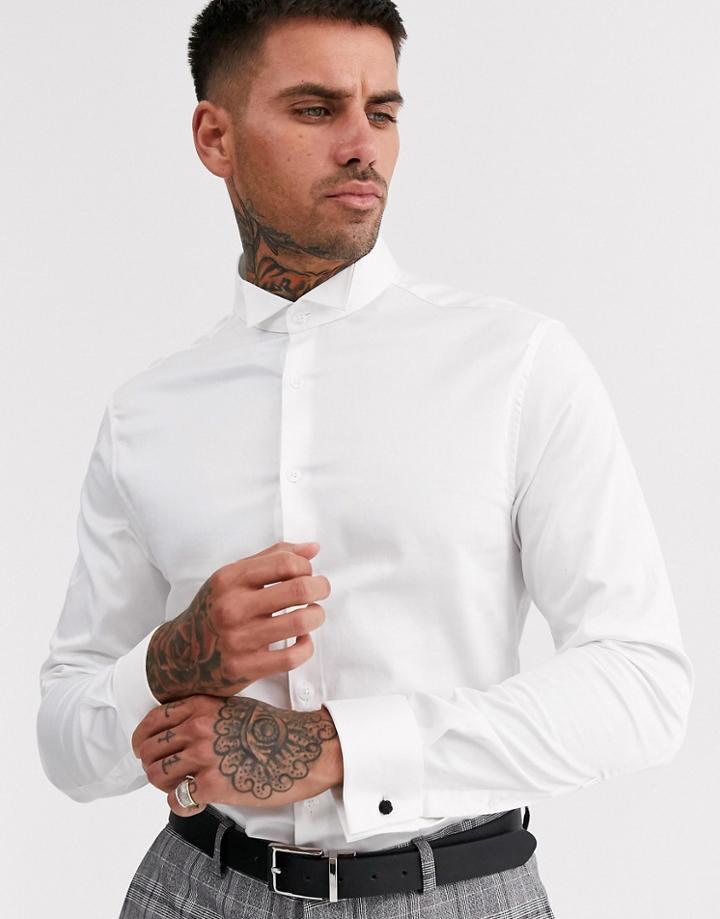Asos Design Skinny Fit Sateen Shirt With Wing Collar In White