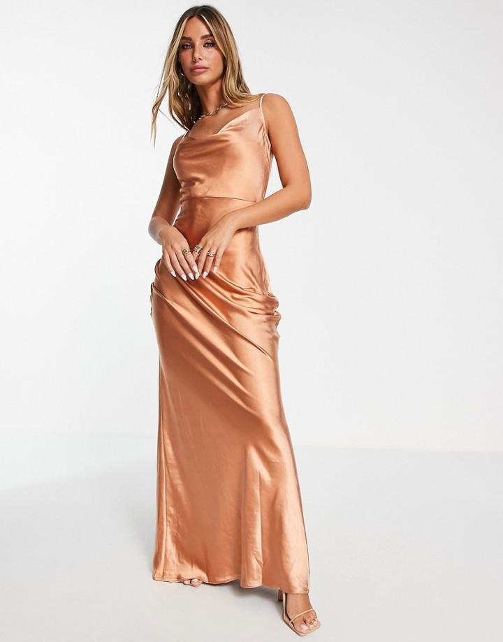 Pretty Lavish Keisha Cowl Front Satin Maxi Dress In Cinnamon-brown