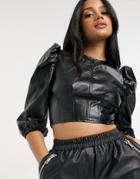 Violet Romance Puff Sleeve Pu Crop Top In Black
