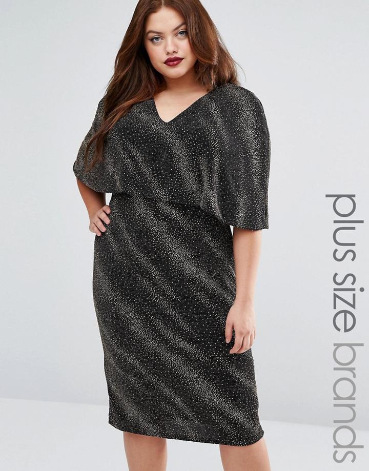 Club L Plus Midi Dress In Glitter Galaxy With Cape Overlay - Black