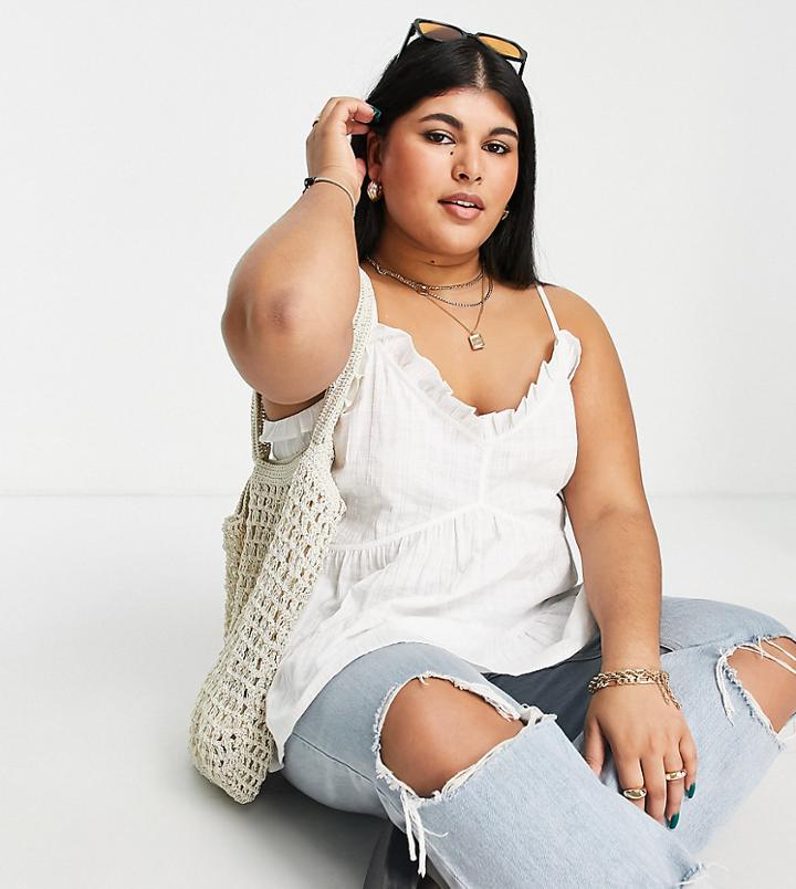 Asos Design Curve Textured Smock Sun Top With Ruffle Detail In White