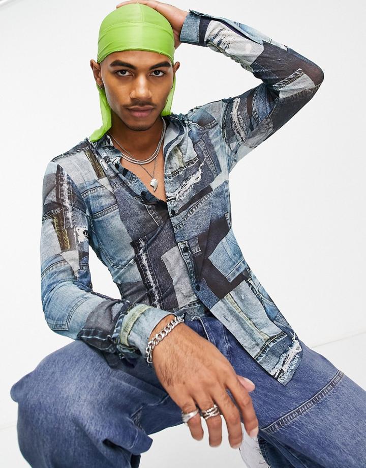 Asos Design Stretch Skinny Shirt In Denim Print-blue