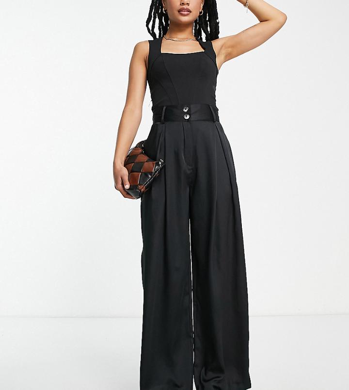 River Island Petite Satin Wide Leg Tailored Pants In Black