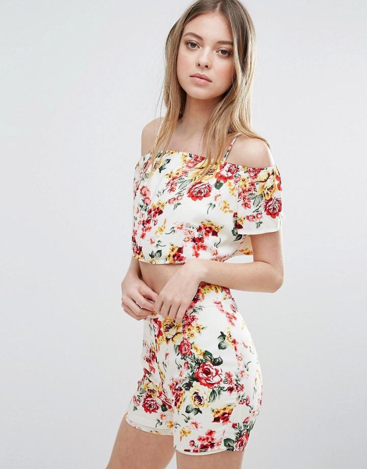 Madam Rage Floral Cold Shoulder Crop Top - Cream