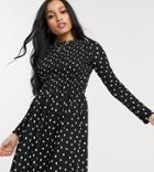 River Island Petite Shirred Polka Dot Dress In Black