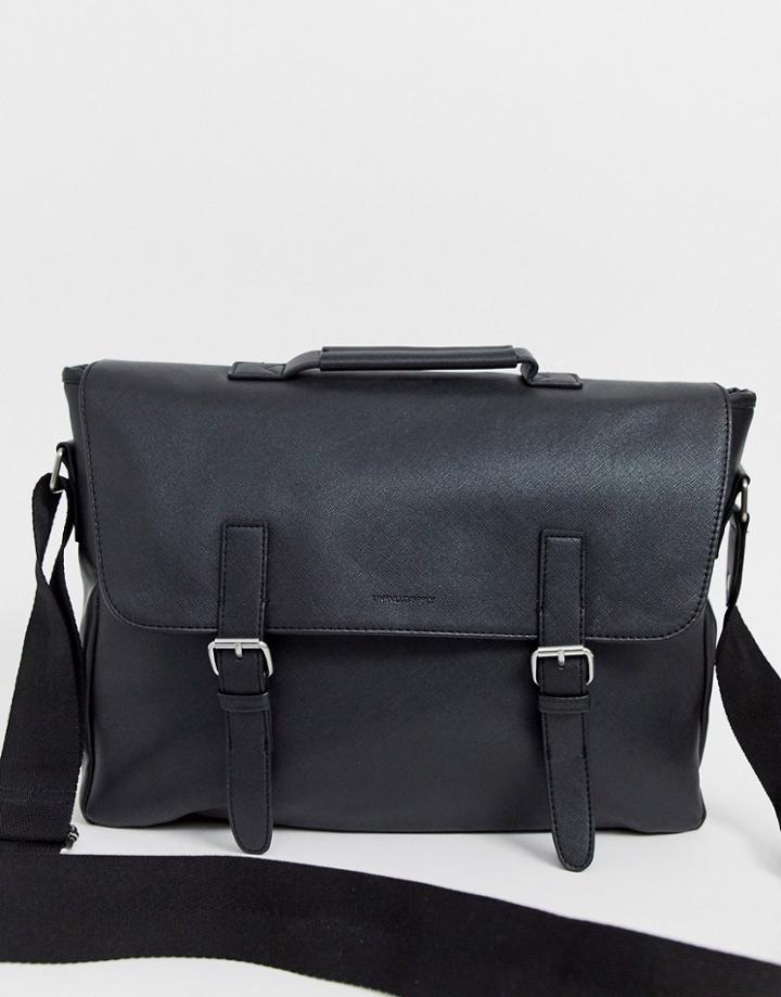 Asos Design Faux Leather Satchel In Black Saffiano With Double Straps And Internal Laptop Pouch