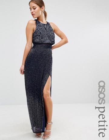 Asos Petite Red Carpet All Over Embellished Crop Top Maxi Dress - Navy