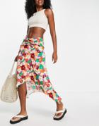 Asos Design Ruched Midi Skirt In Bold Floral Print-multi