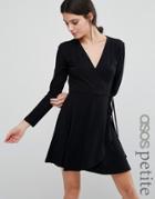Asos Petite Mini Wrap Tea Dress With Long Sleeve - Black