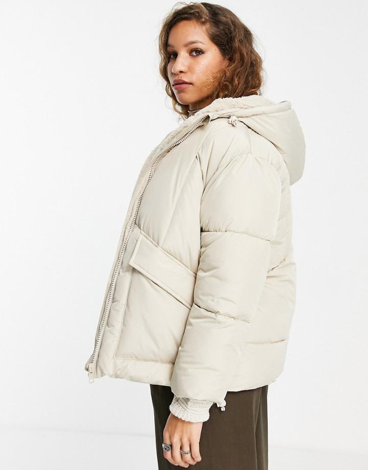 Topshop Mid Length Puffer Jacket With Fleece Lined Hood In Off White