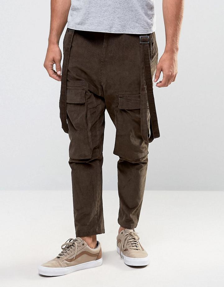 Asos Drop Crotch Cord Pants With Pocket Detail In Brown - Brown
