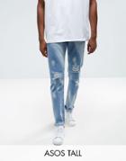 Asos Tall Slim Jeans In Vintage Light Wash With Bleaching And Rips - Blue