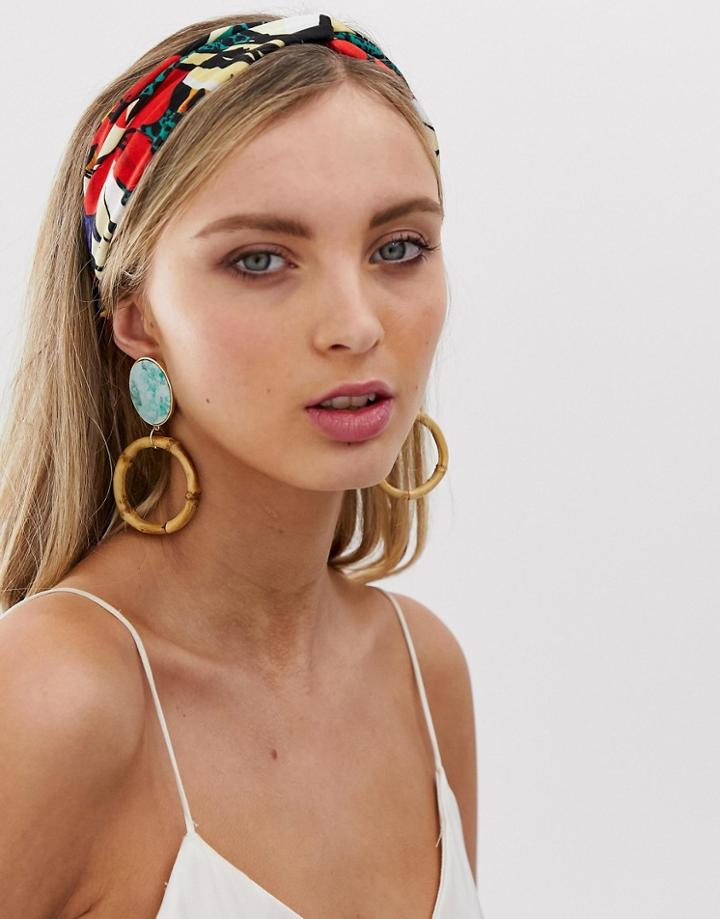 Asos Design Headband With Knot Front In Large Painted Floral Print - Multi
