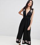 Asos Design Tall Ruched Waist Plunge Jumpsuit With Embroidery - Black
